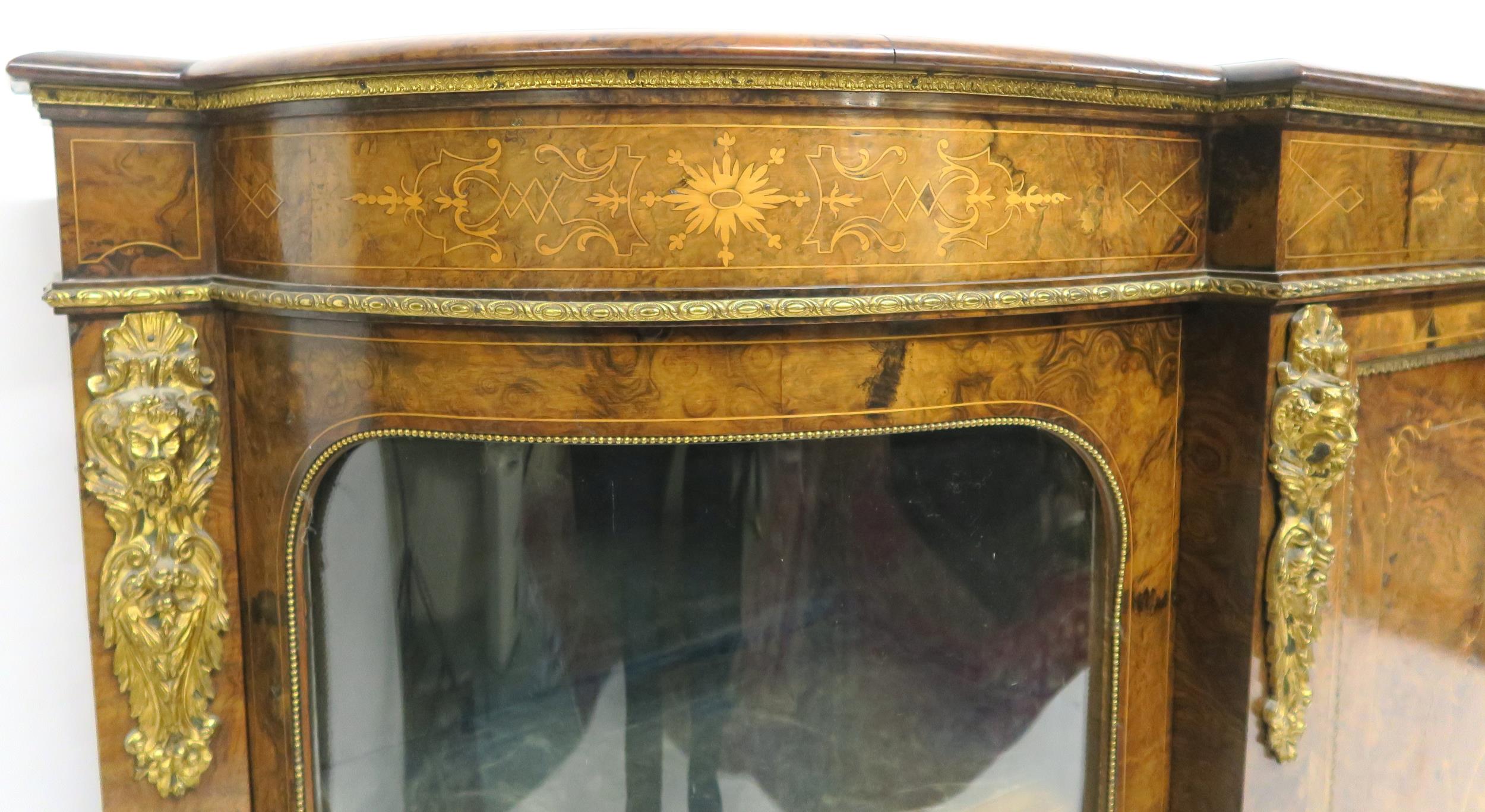 A VICTORIAN BURR WALNUT AND SATINWOOD INLAID CREDENZA with central cabinet door flanked by curved - Image 16 of 18