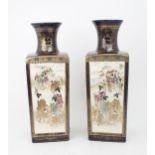 A PAIR OF SATSUMA SQUARE VASES  Painted with panels of figures, landscapes and birds, divided by