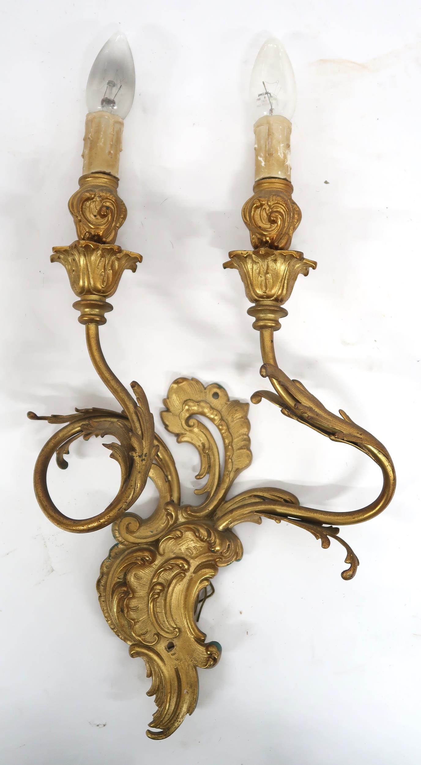 A LOT OF FIVE ROCOCO STYLE GILT METAL ORMOLU TWO BRANCH WALL SCONCES with scroll and acanthus back - Image 4 of 10