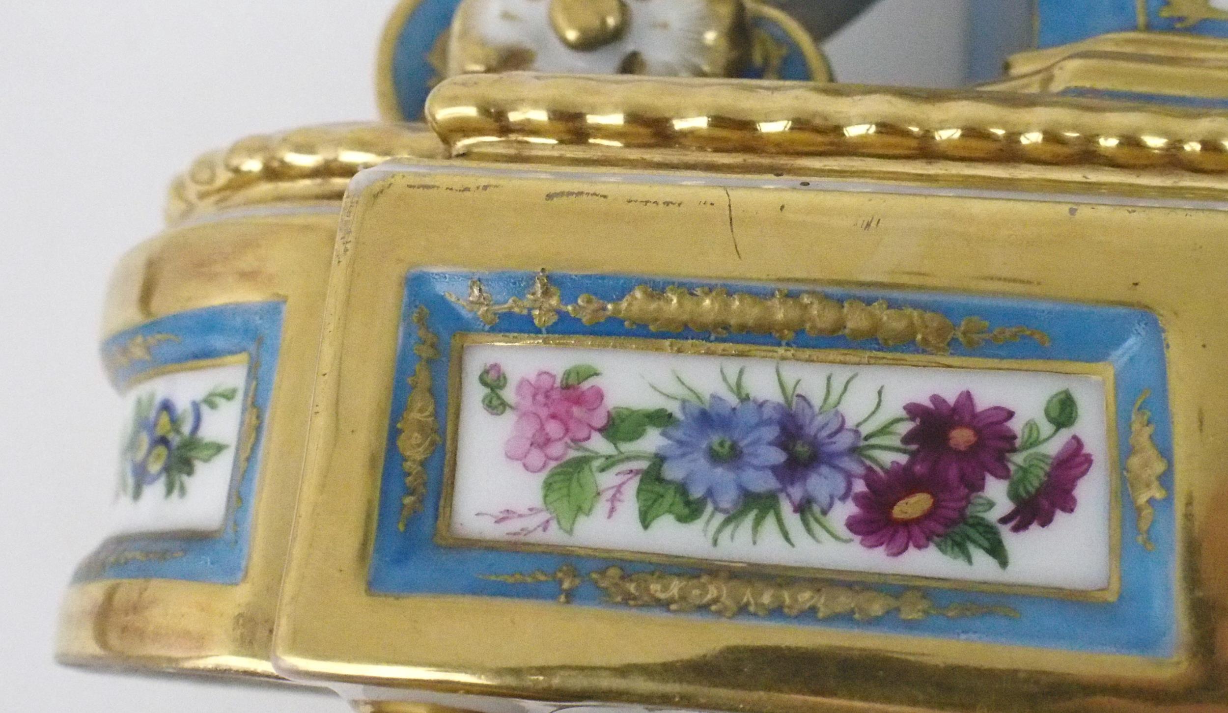 A SEVRES STYLE PORCELAIN MANTLE CLOCK the circular white enamel dial, with blue roman numerals and - Image 12 of 12