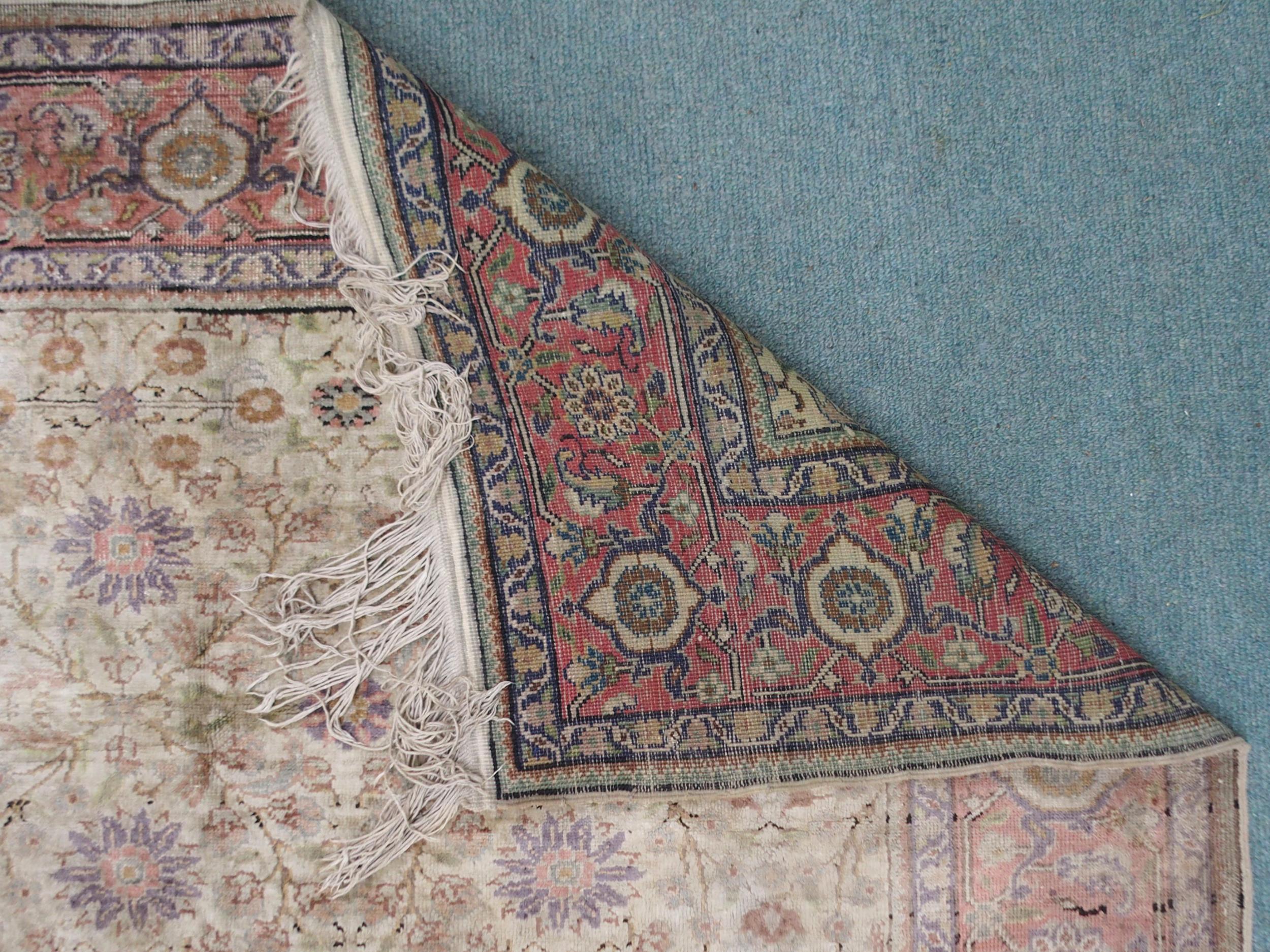 A CREAM GROUND SILK AND WOOL PERSIAN RUG with floral foliate all-over design and pink borders, 185cm - Image 6 of 7