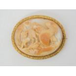 A CAT AND ROOSTER SHELL CAMEO an unusual theme in a 9ct gold brooch mount, well carved in high