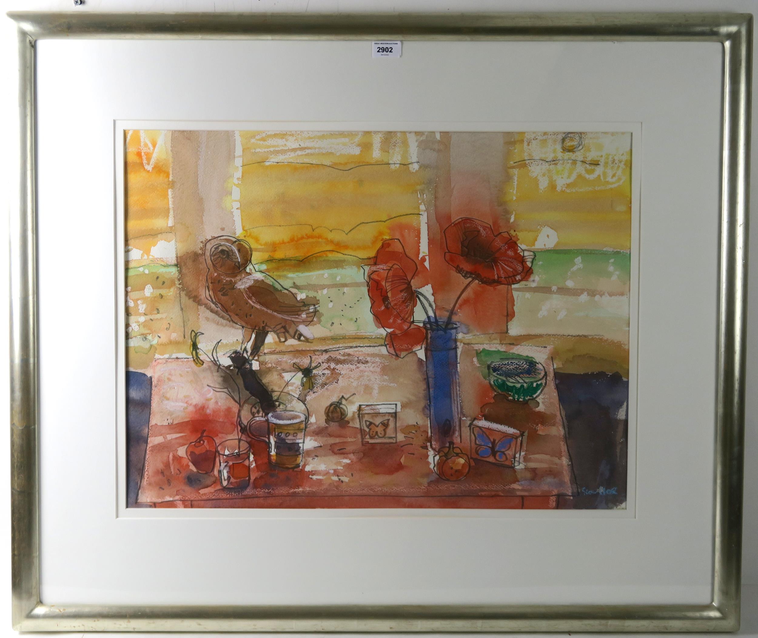 GLEN SCOULLAR RSW RGI (SCOTTISH b.1950) STILL LIFE, OWL, POPPIES AND SUNSET  Mixed media, signed - Image 2 of 5