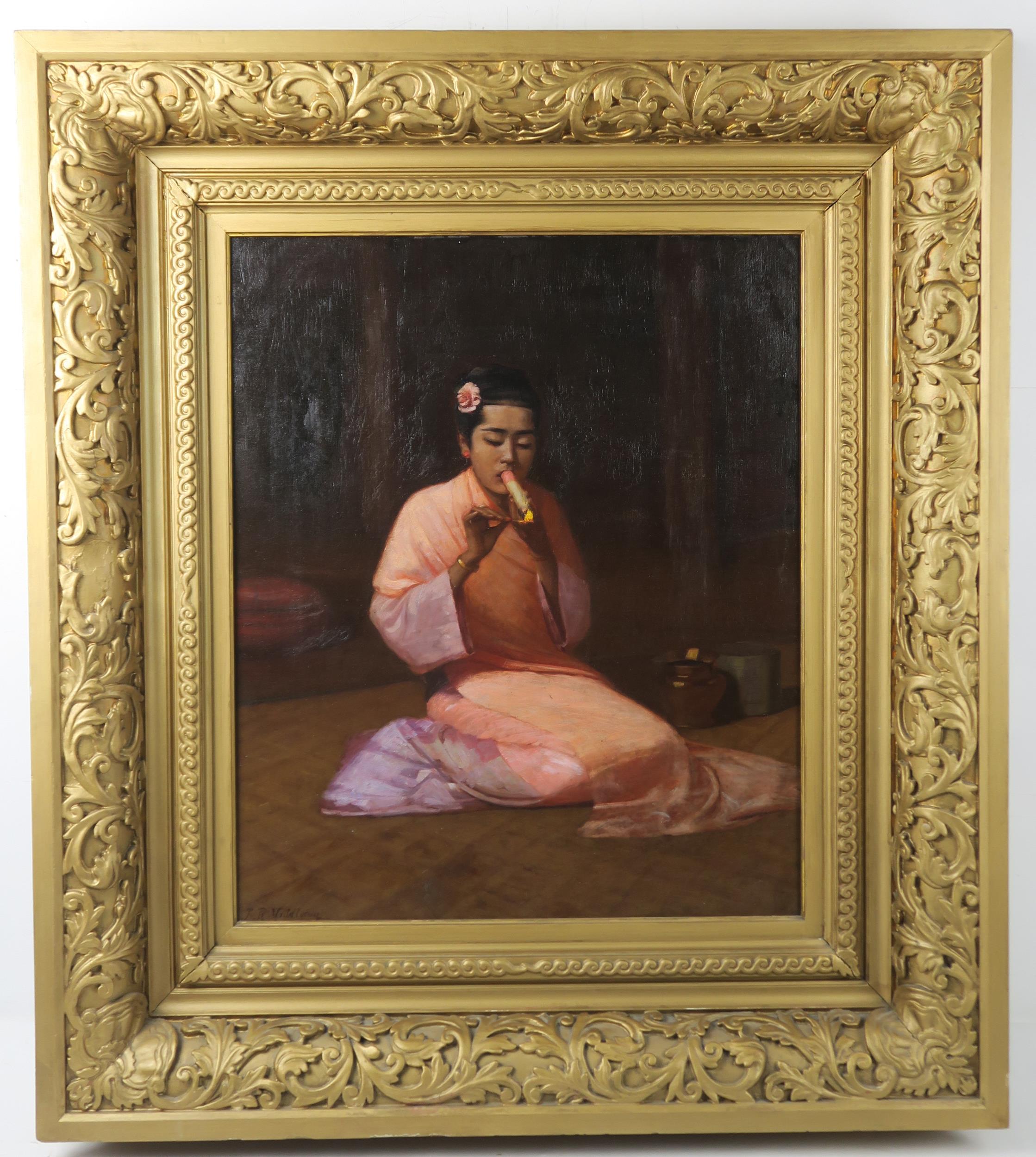 JAMES RAEBURN MIDDLETON (BRITISH 1855-1931) BURMESE GIRL KNEELING Oil on canvas, signed lower - Image 2 of 6