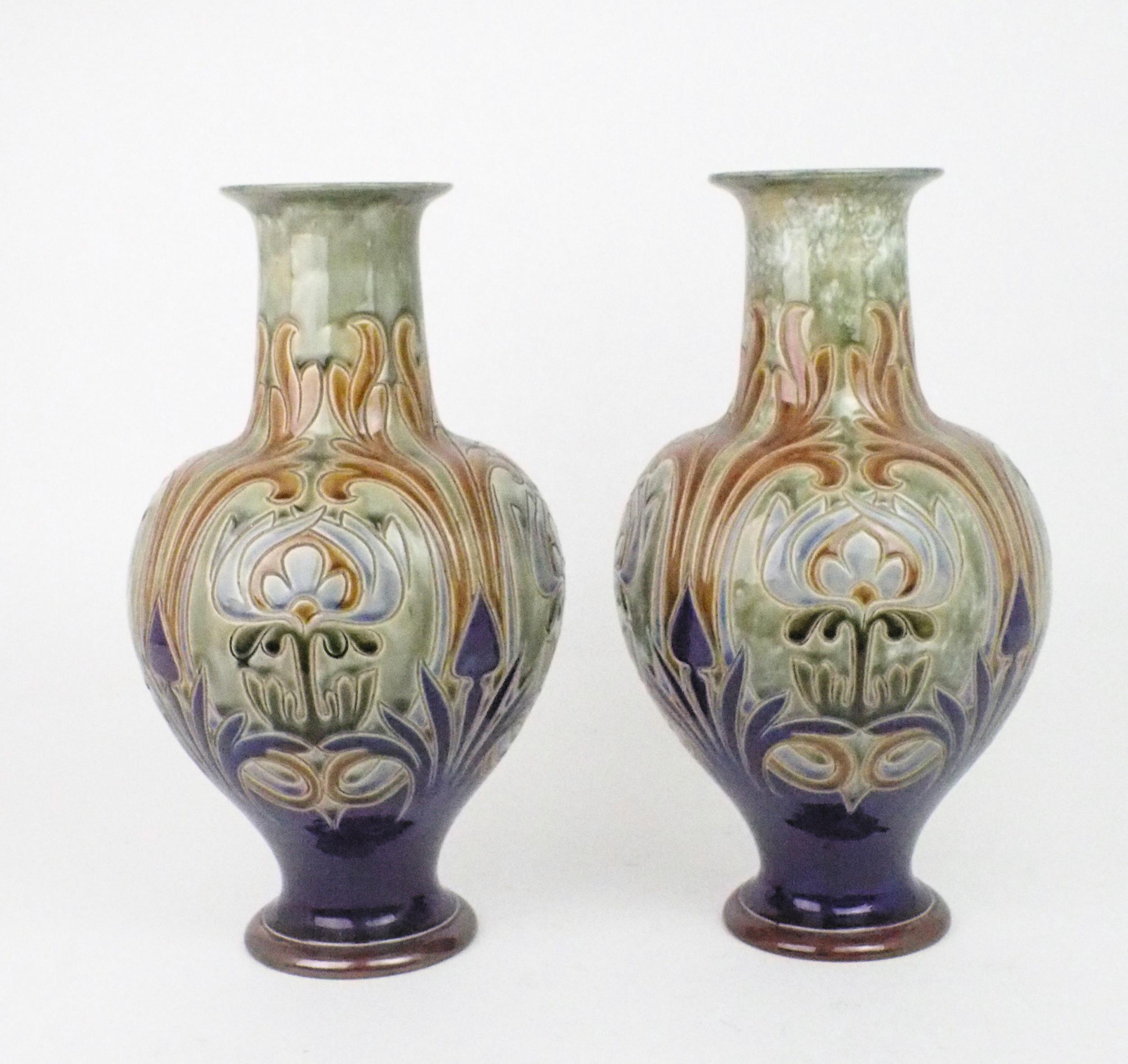 A PAIR OF ROYAL DOULTON VASES designed by Frank A Butler, of bulbous form with flaring neck - Image 3 of 6