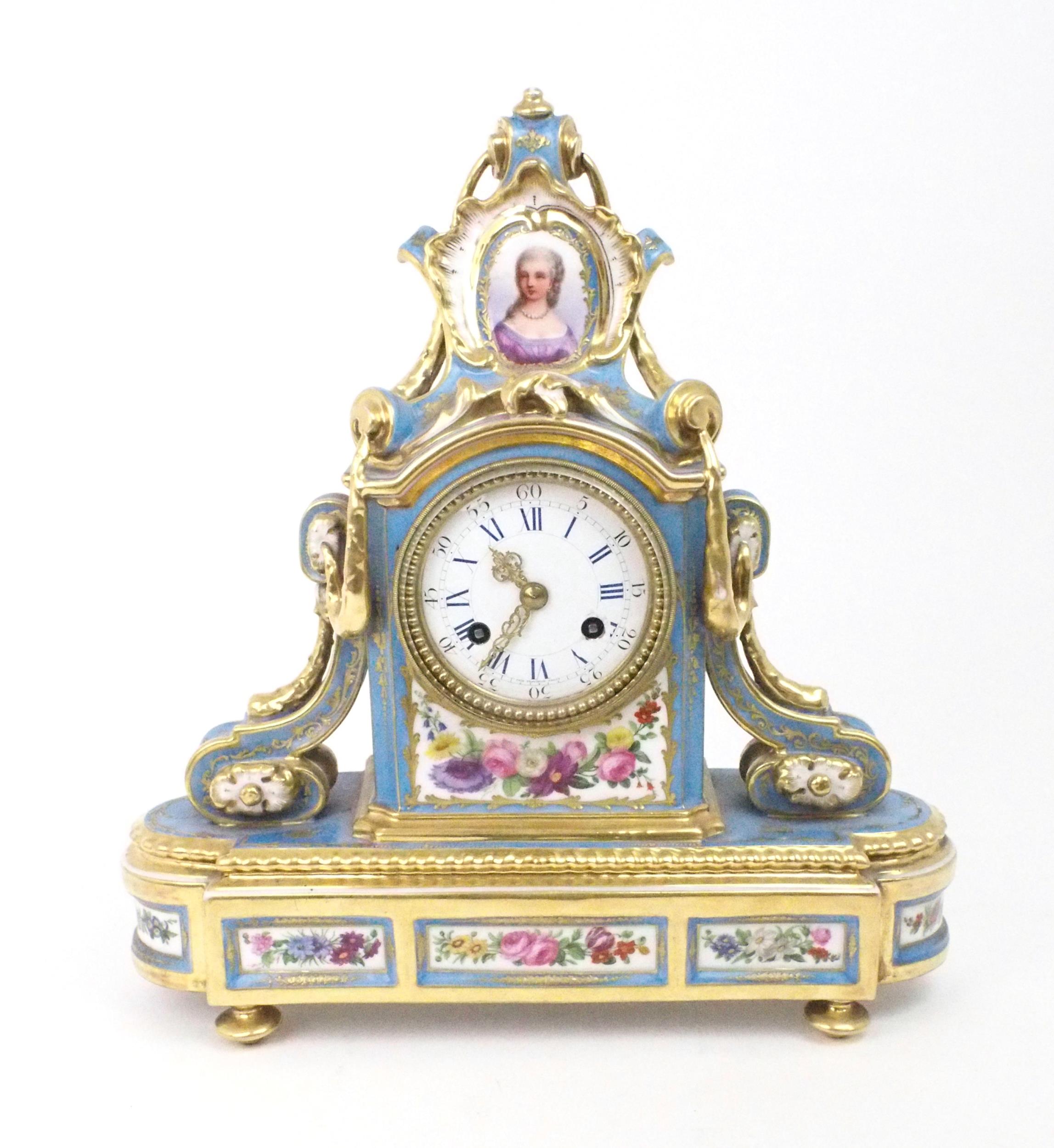 A SEVRES STYLE PORCELAIN MANTLE CLOCK the circular white enamel dial, with blue roman numerals and - Image 2 of 12