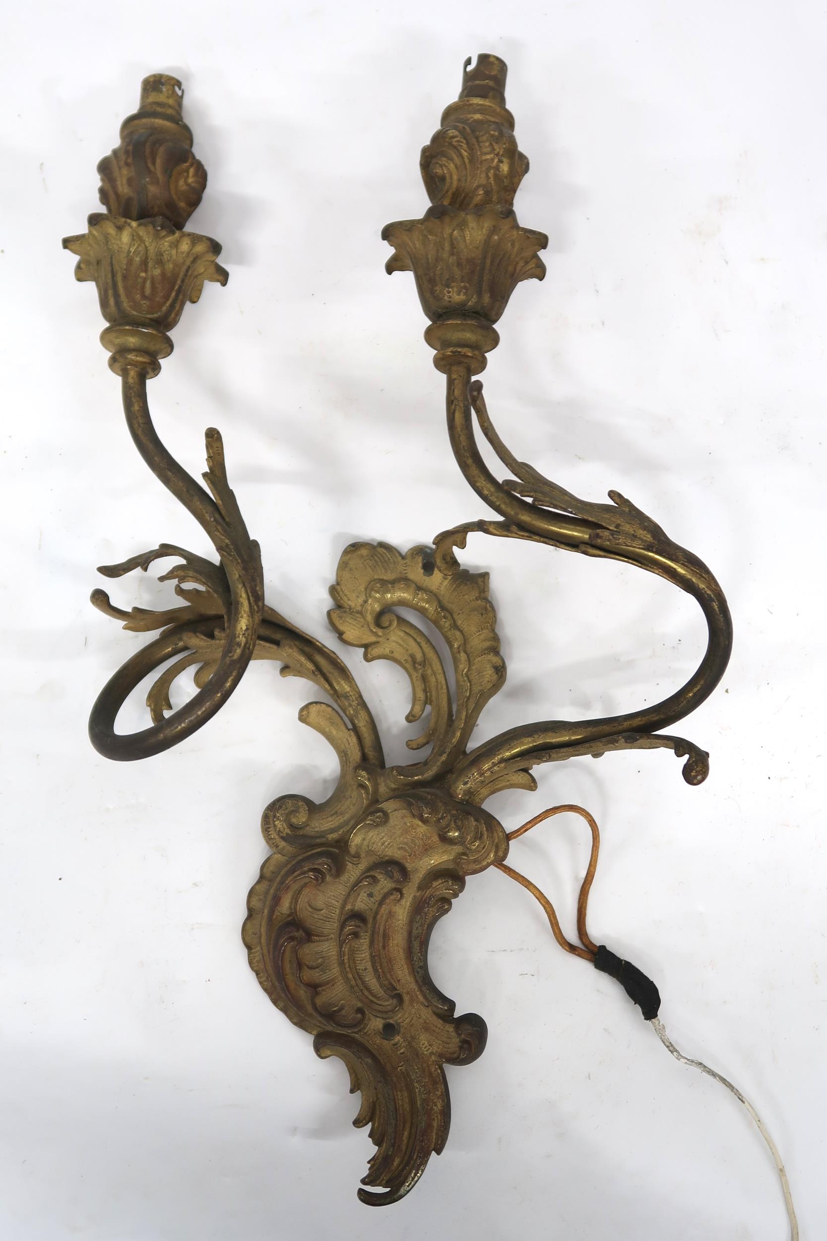 A LOT OF FIVE ROCOCO STYLE GILT METAL ORMOLU TWO BRANCH WALL SCONCES with scroll and acanthus back - Image 8 of 10