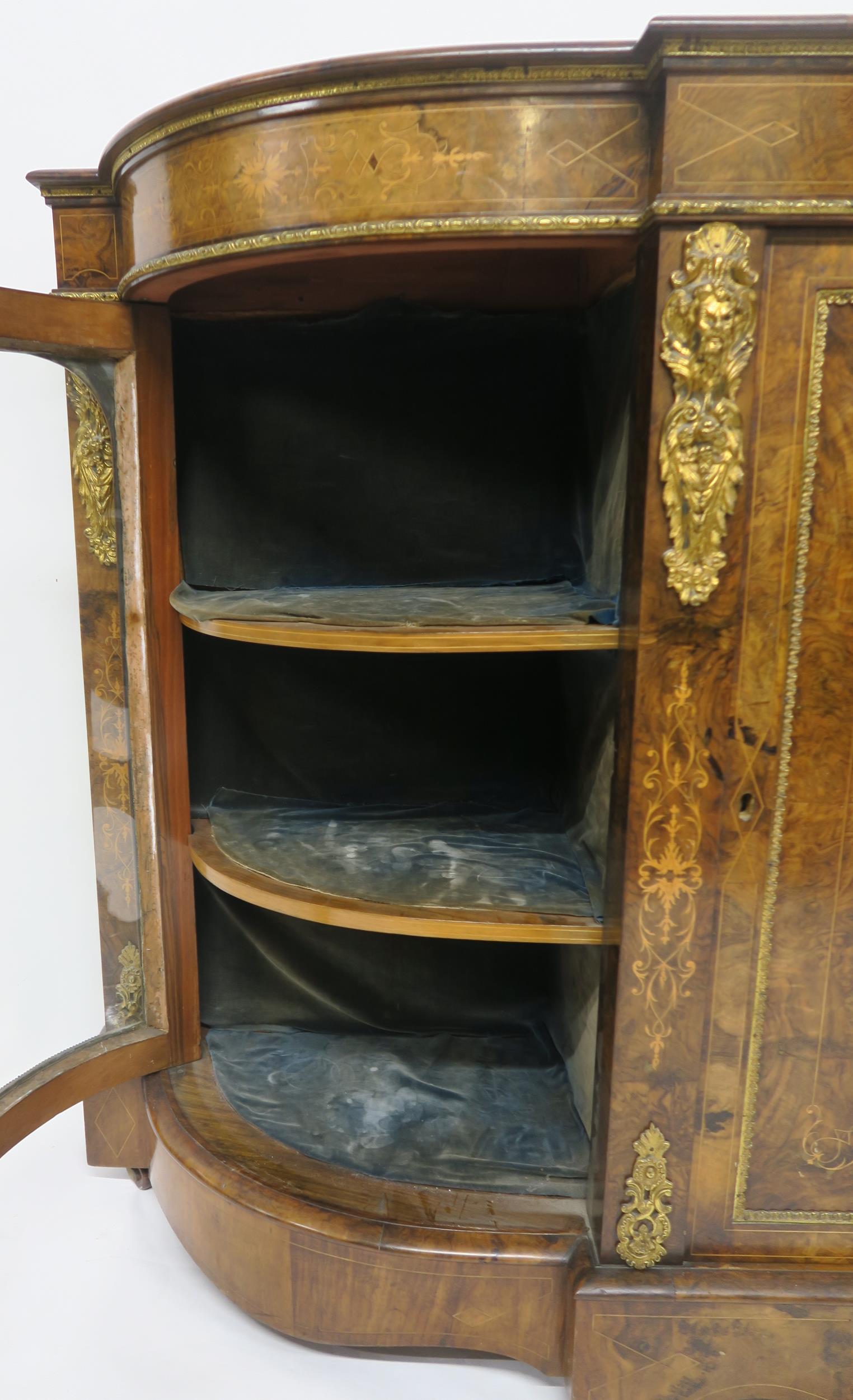 A VICTORIAN BURR WALNUT AND SATINWOOD INLAID CREDENZA with central cabinet door flanked by curved - Image 12 of 18