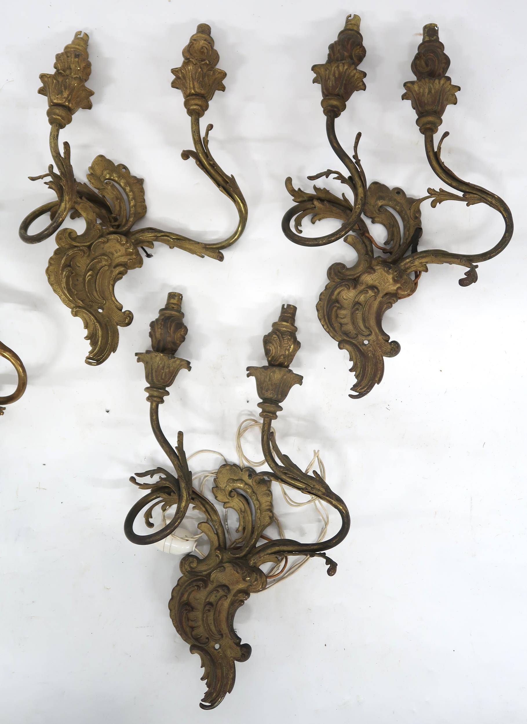 A LOT OF FIVE ROCOCO STYLE GILT METAL ORMOLU TWO BRANCH WALL SCONCES with scroll and acanthus back - Image 3 of 10
