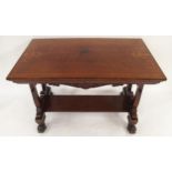 A VICTORIAN MAHOGANY AND SATINWOOD INLAID LIBRARY TABLE with carved friezes on carved lyre shaped