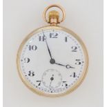 A 9CT GOLD OPEN FACE POCKET WATCH with white enamel dial, subsidiary seconds dial black Arabic