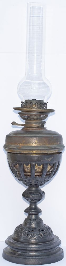 GWR waiting room table oil lamp with ornate cast iron base with GWR cast underneath, brass