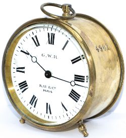 GWR brass drum clock with original enamel dial GWR KAY & CO PARIS. Stamped 4902 on the case,