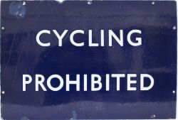 BR(E) enamel station sign CYCLING PROHIBITED. In good condition with some chipping and light