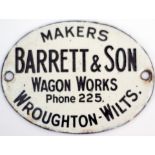 Motoring enamel BARRETT & SON WAGON WORKS WROUGHTON - WILTS. Barrett's were a small firm