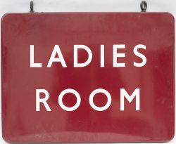 BR(M) FF enamel station sign LADIES ROOM. Double sided with hanging hooks, measures 24in x 18in. One