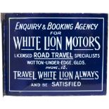 Motoring enamel sign ENQUIRY & BOOKING AGENCY FOR WHITE LION MOTORS WOTON UNDER EDGE. Doubled