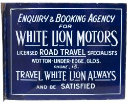 Motoring enamel sign ENQUIRY & BOOKING AGENCY FOR WHITE LION MOTORS WOTON UNDER EDGE. Doubled