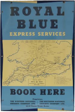 Bus motoring enamel map sign ROYAL BLUE EXPRESS SERVICES BOOK HERE. In very good condition measuring