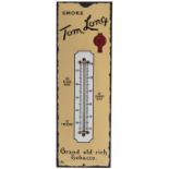 Advertising enamel Thermometer SMOKE TOM LONG GRAND OLD RICH TOBACCO. In very good condition with