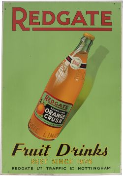 Advertising lithographed tinplate sign REDGATE ORANGE CRUSH FRUIT DRINKS BEST SINCE 1878 REDGATE LTD