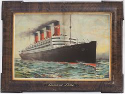 Advertising lithographed metal sign CUNARD LINE with central image of the Aquitania painted by