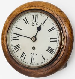 Southern Railway 8 inch oak cased fusee railway clock with a rectangular plated wire driven