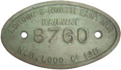 Tender numberplate LONDON & NORTH EASTERN RAILWAY N.B.LOCO CO 1911 8760. The tender, originally