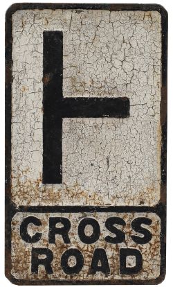 Road sign CROSS ROADS strangely depicting a l- junction. Rectangular cast iron in original condition