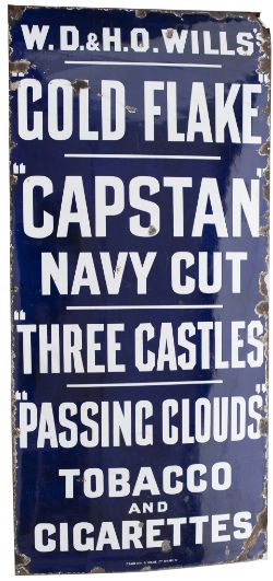 Advertising enamel sign WD&HO WILLS GOLD FLAKE CAPSTAN NAVY CUT THREE CASTLES PASSING CLOUDS TOBBACO