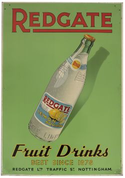 Advertising lithographed tinplate sign REDGATE LEMON SQUASH FRUIT DRINKS BEST SINCE 1878 REDGATE LTD