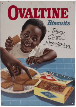 Advertising lithographed tinplate sign OVALTINE BISCUITS TASTY CRISP NOURISHING. In very good