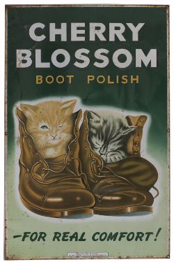 Advertising lithographed tinplate sign CHERRY BLOSSOM BOOT POLISH depicting two kittens in boots. In