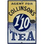 Advertising enamel sign AGENT FOR COLLINSONS 1/10s TEA. In very good condition with a couple of face