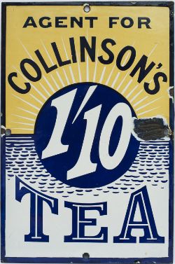 Advertising enamel sign AGENT FOR COLLINSONS 1/10s TEA. In very good condition with a couple of face
