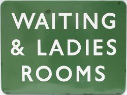 BR(S) FF enamel station sign WAITING AND LADIES ROOM. In good condition with a few small areas of