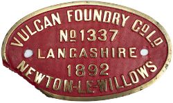 Worksplate VULCAN FOUNDRY Co LD NEWTON-LE-WILLOWS LANCASHIRE No 1337 1892. Ex Barry Railway