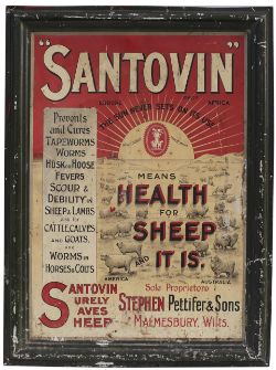 Advertising lithographed tinplate sign SANTOVIN MEANS HEALTH FOR SHEEP ETC STEPHEN PETTIFER & SONS