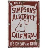 Advertising enamel sign USE SIMPSONS ALDERNEY CALF MEAL IT'S CHEAP AND GOOD. In good condition