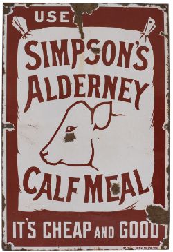 Advertising enamel sign USE SIMPSONS ALDERNEY CALF MEAL IT'S CHEAP AND GOOD. In good condition