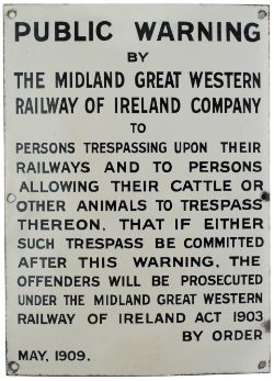 Enamel Trespass sign PUBLIC WARNING BY THE MIDLAND GREAT WESTERN RAILWAY OF IRELAND COMPANY