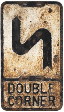 Road sign DOUBLE CORNER. Rectangular cast iron in original condition. Measures 21in x 12in.