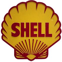 SHELL OIL cast aluminium cabinet sign, nicely restored with original mounting bosses on the back.
