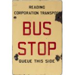 Motoring bus enamel sign READING CORPORATION TRANSPORT BUS STOP QUEUE OTHER SIDE / THIS SIDE. Double