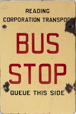 Motoring bus enamel sign READING CORPORATION TRANSPORT BUS STOP QUEUE OTHER SIDE / THIS SIDE. Double