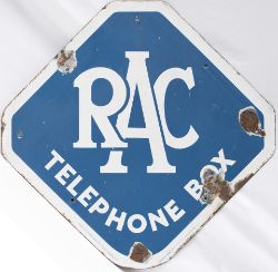 Motoring enamel sign RAC TELEPHONE BOX. In good condition with some face chipping. Measures 18.5in x