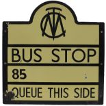 Motoring bus enamel sign MCT (Manchester Corporation Transport) BUS STOP QUEUE OTHER SIDE THIS SIDE