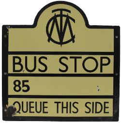 Motoring bus enamel sign MCT (Manchester Corporation Transport) BUS STOP QUEUE OTHER SIDE THIS SIDE