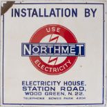 Advertising enamel sign INSTALLATION BY NORTH MET. ELECTRICITY HOUSE STATION ROAD WOOD GREEN N22. In