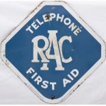 Motoring road enamel sign RAC TELEPHONE FIRST AID. In good condition with some chipping and slight